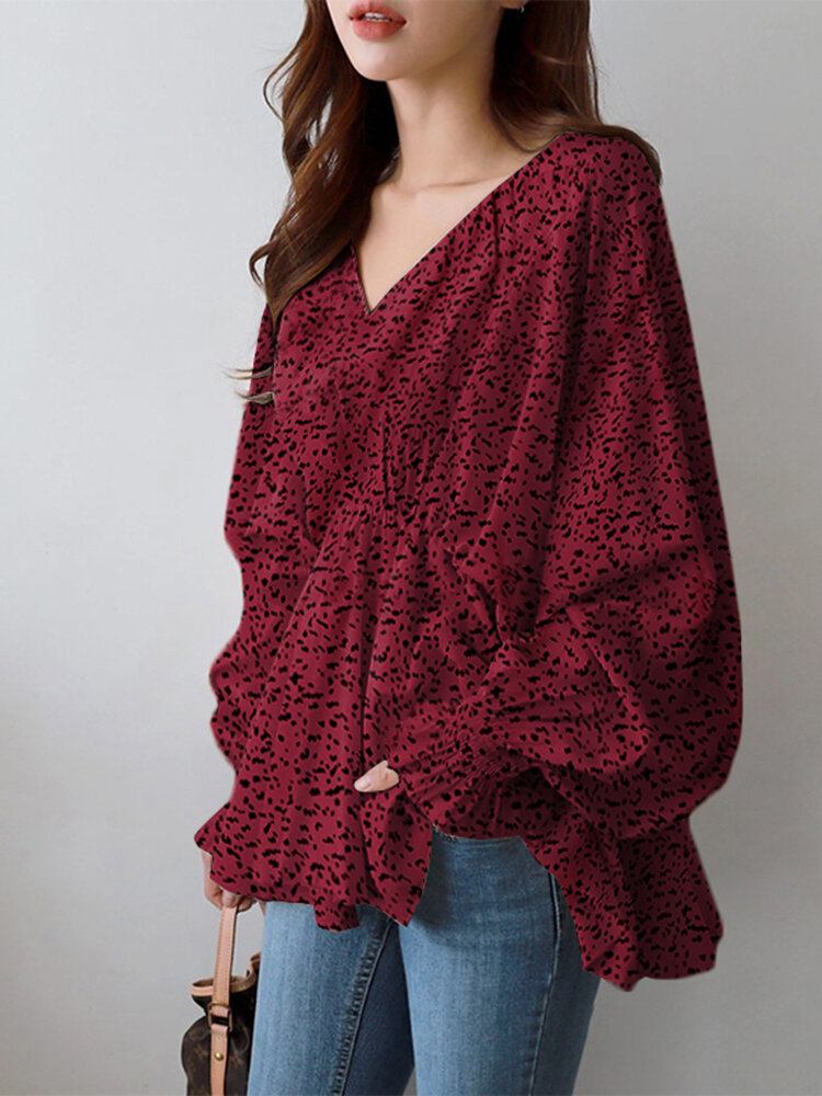 Puff Sleeve Solid Bohemian Casual Leopard Printet Bluse