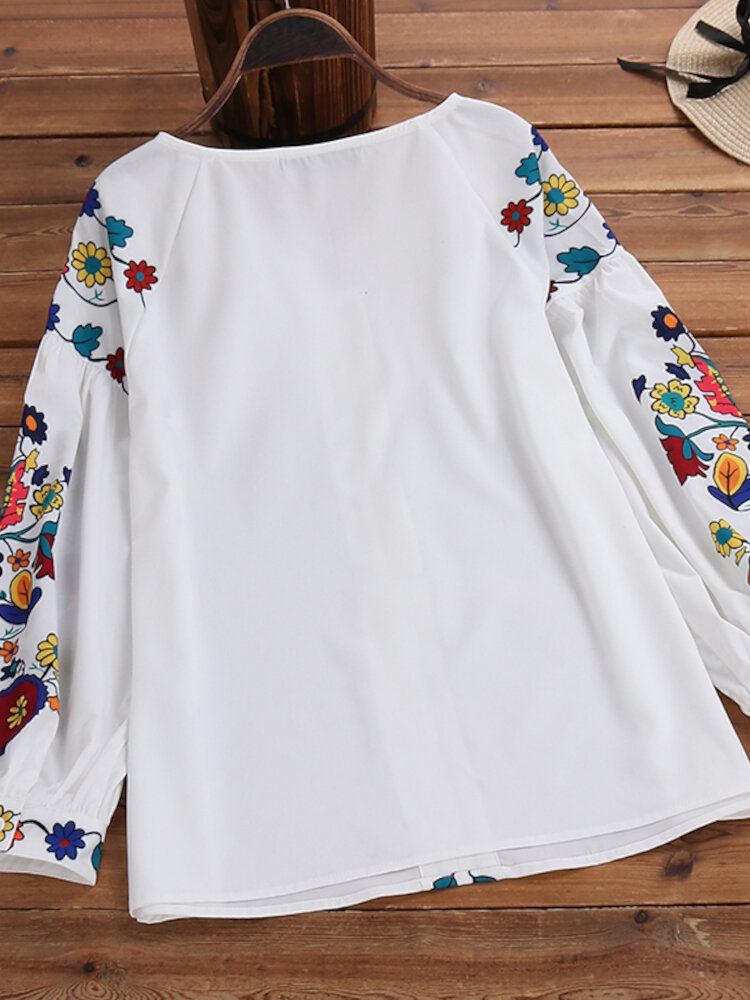 Puffærmet Casual Løs O-hals Bluse I Etnisk Stil Med Blomster