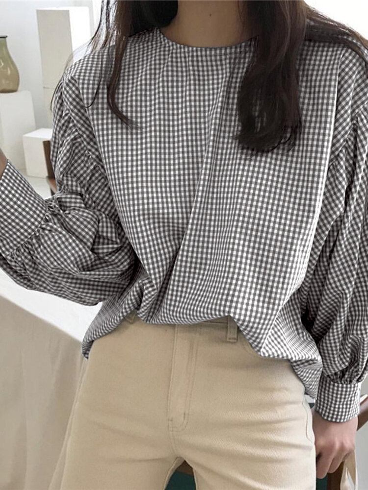 Puffærmet O-hals Plaid Casual Løs Bluse Til Damer