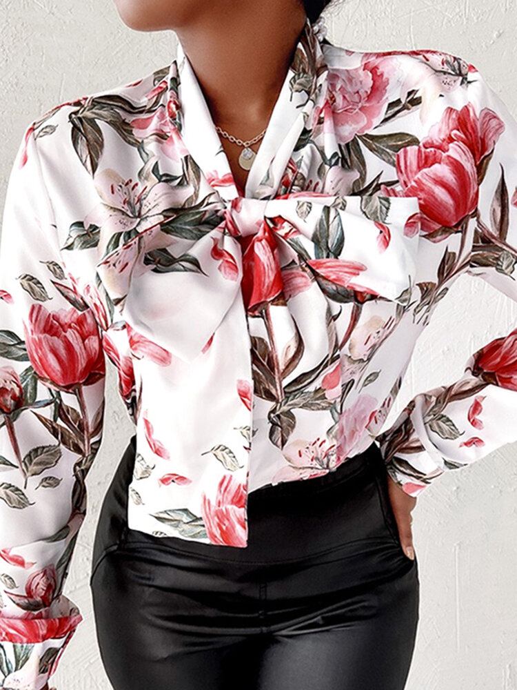 Sløjfekrave Blomsterprint Langærmet Butterfly Knot Bluse