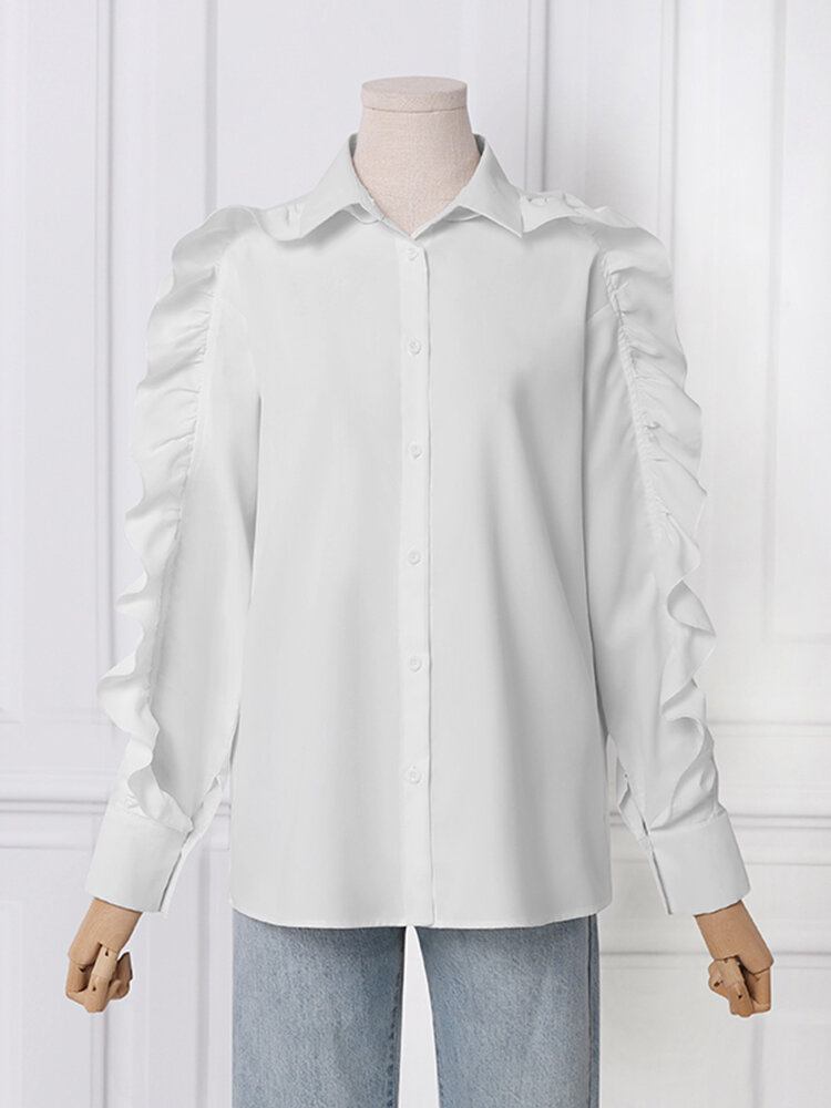 Solid Button Splejsning Flæse Revers Langærmet Casual Bluse