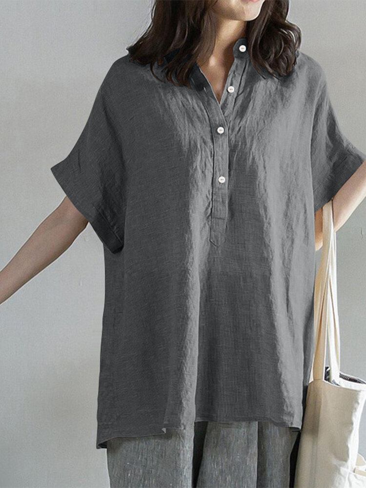 Solid Button Stand Krave Kortærmet Løs Casual Bluse