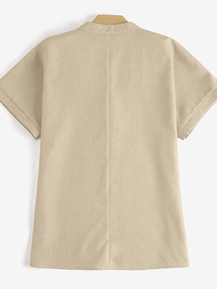 Solid Button Stand Krave Kortærmet Løs Casual Bluse