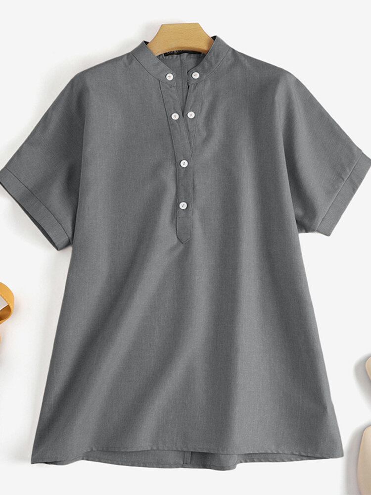 Solid Button Stand Krave Kortærmet Løs Casual Bluse