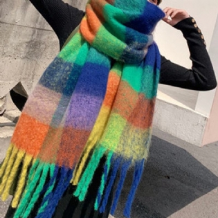 Kvinder Cashmere Dual-use Rainbow Mixed Color Striber Thicken Warm Plus Lang Kvast Tørklæde Sjal