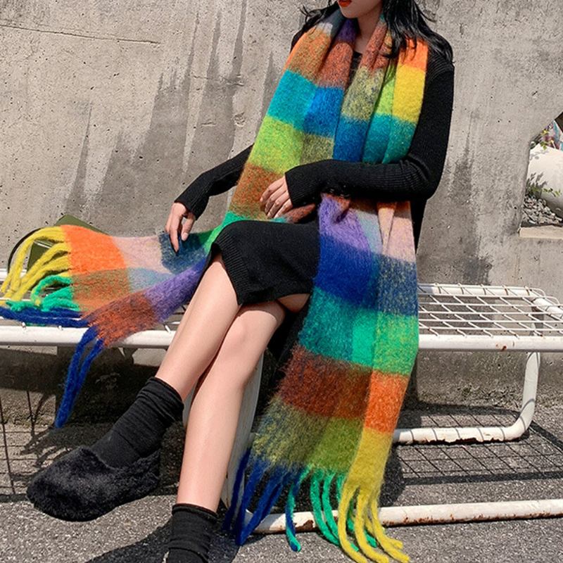 Kvinder Cashmere Dual-use Rainbow Mixed Color Striber Thicken Warm Plus Lang Kvast Tørklæde Sjal