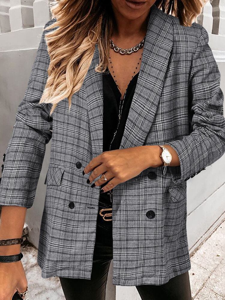 Dame Plaid Dobbeltradet Revers Casual Langærmede Tynde Blazere