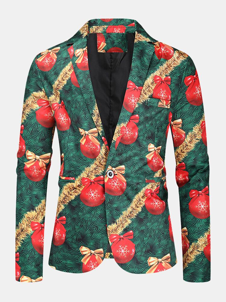 Herre Allover Juleelement Print Bomuld Enkeltradet Stilfuld Blazer