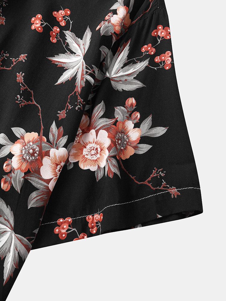 Blomsterprintede Mænds Topstitching Revers-ferie-skjorter Med Korte Ærmer