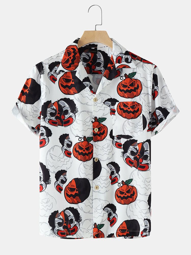 Funny Pumpkin Print Revere Collar Skjorter Til Mænd