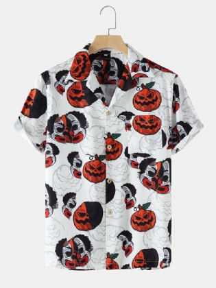 Funny Pumpkin Print Revere Collar Skjorter Til Mænd