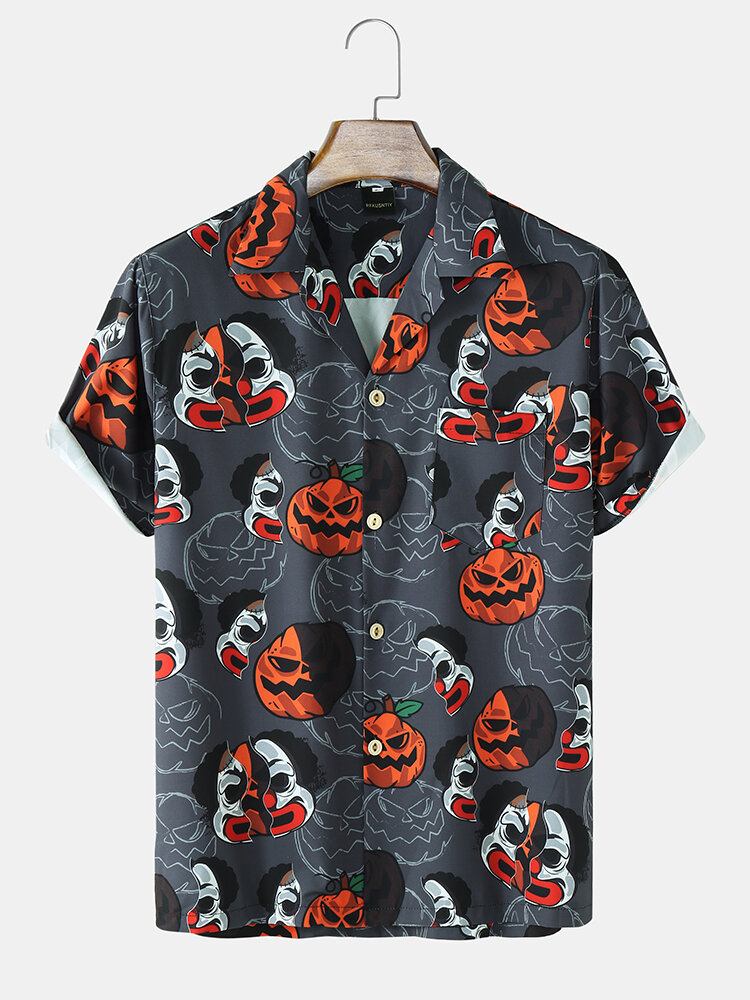 Funny Pumpkin Print Revere Collar Skjorter Til Mænd