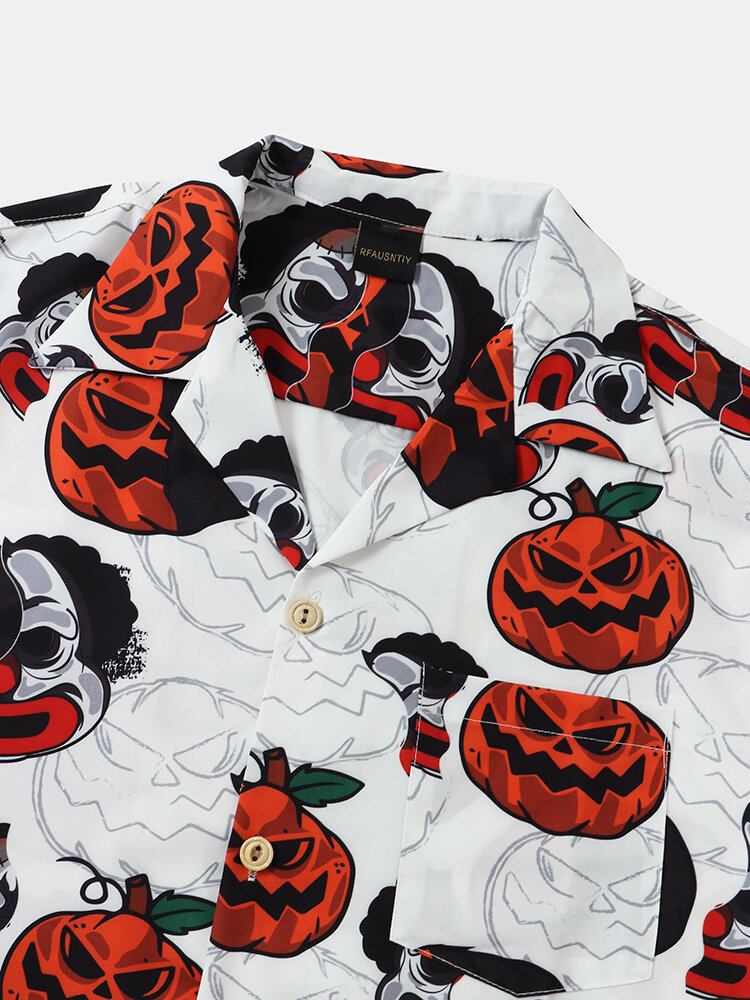 Funny Pumpkin Print Revere Collar Skjorter Til Mænd