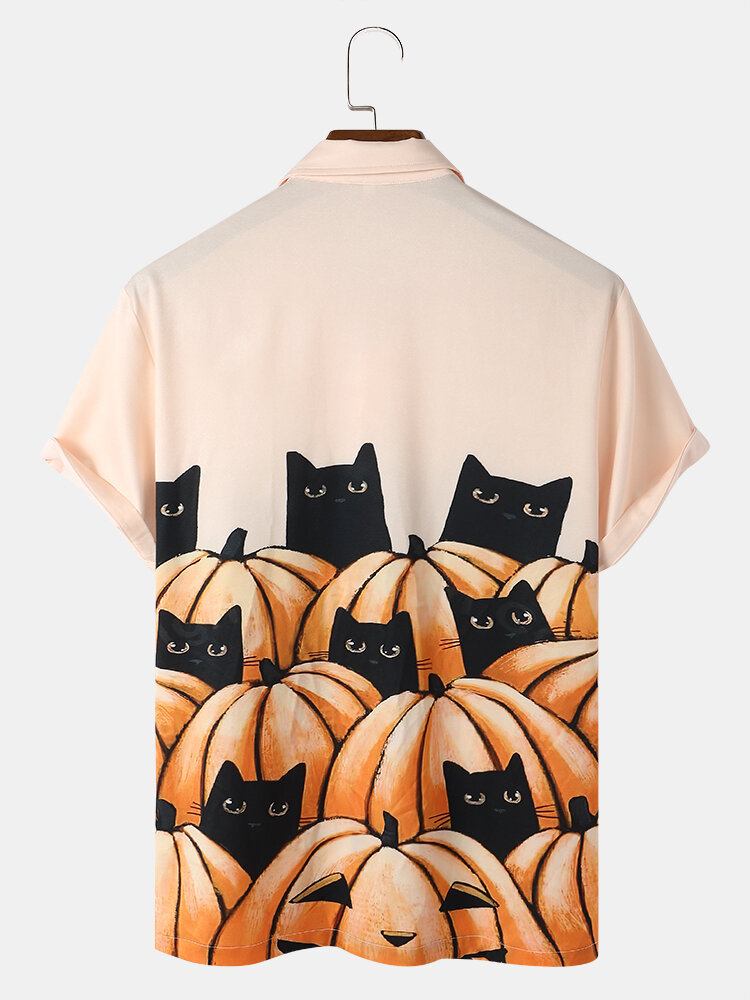 Halloween Pumkpin Cat Cartoon Casual Skjorter Til Mænd