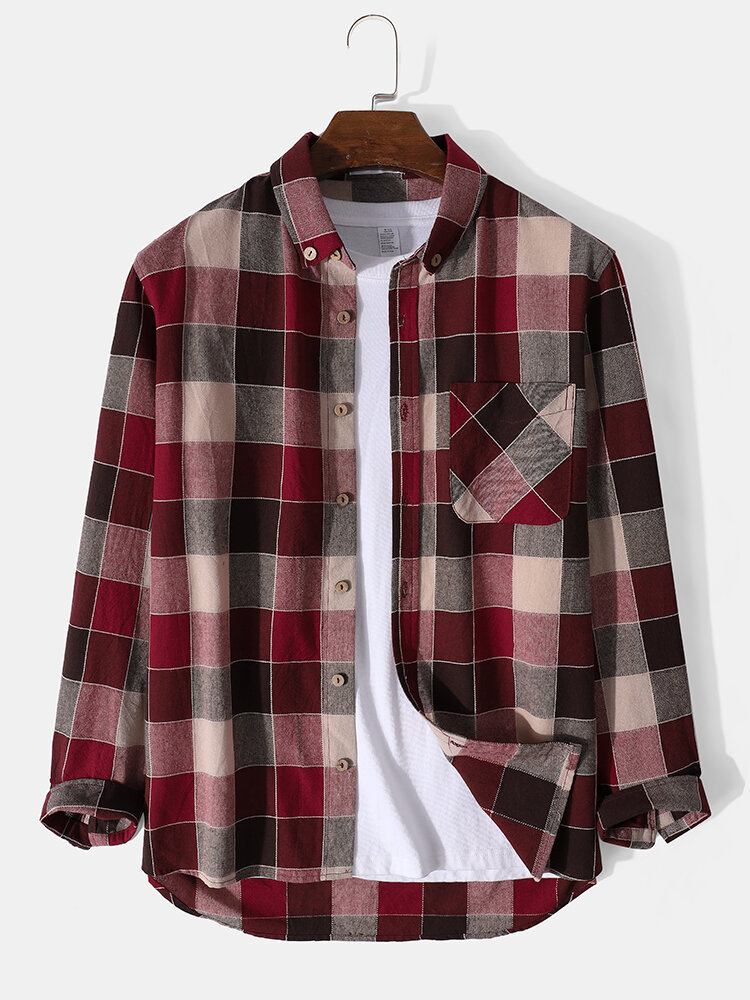 Herre 100% Bomuld Vintage Casual Rød Plaid Skjorte