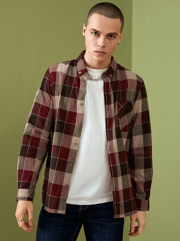 Herre 100% Bomuld Vintage Casual Rød Plaid Skjorte