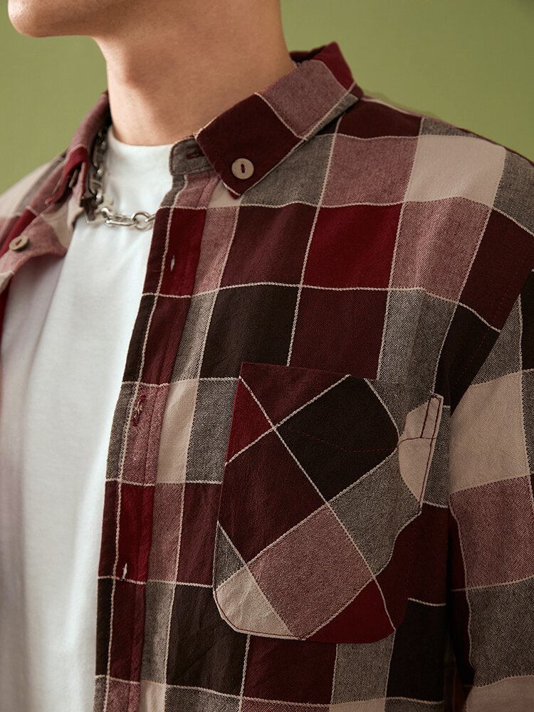 Herre 100% Bomuld Vintage Casual Rød Plaid Skjorte