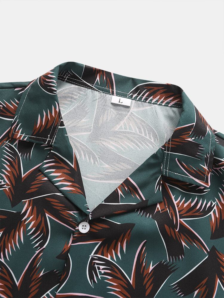 Herre All Over Plant Leaf Print Camp Collar Kortærmede Skjorter