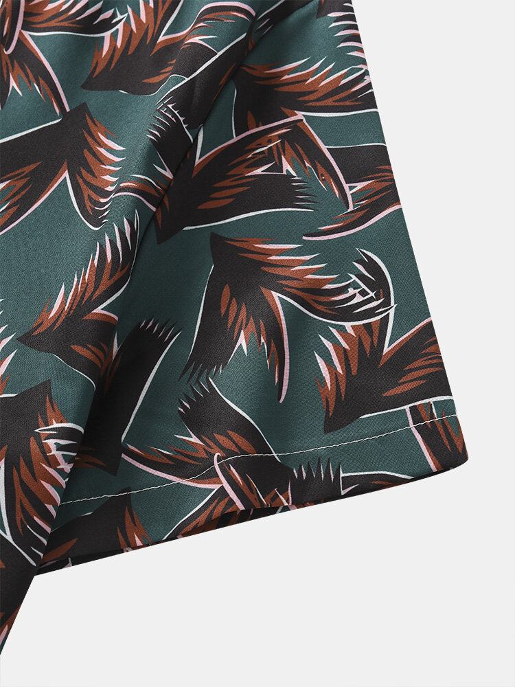 Herre All Over Plant Leaf Print Camp Collar Kortærmede Skjorter