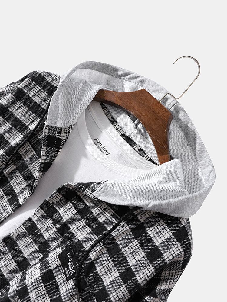 Herre Bomuld Plaid Patchwork Casual Hættetrøje Med Knap