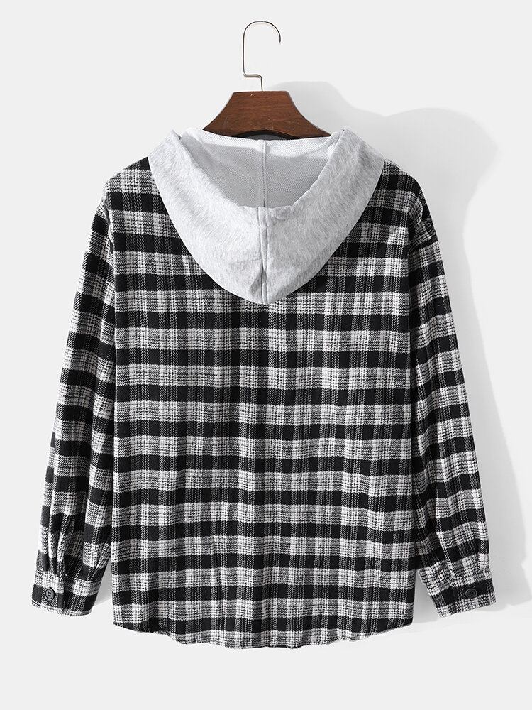 Herre Bomuld Plaid Patchwork Casual Hættetrøje Med Knap