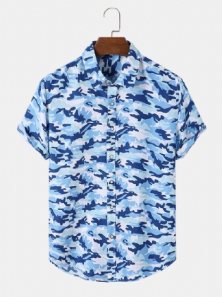 Herre Camouflage Mønster Revers Button Up Hem Manchet Fritidsskjorter