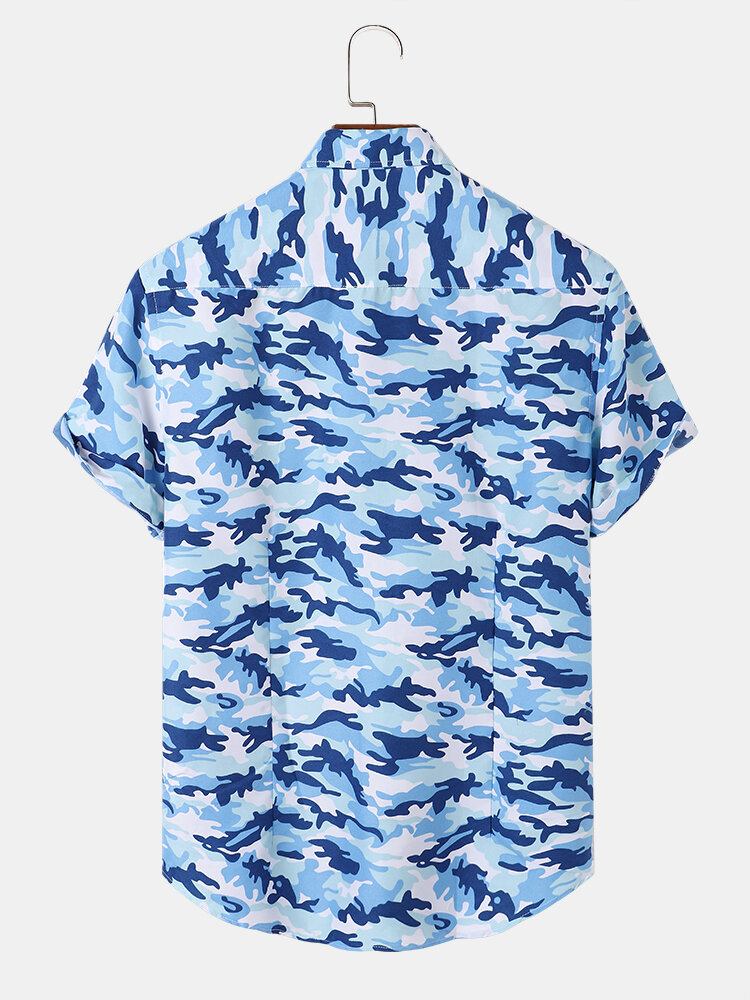 Herre Camouflage Mønster Revers Button Up Hem Manchet Fritidsskjorter