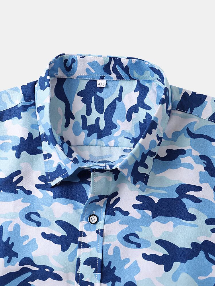 Herre Camouflage Mønster Revers Button Up Hem Manchet Fritidsskjorter