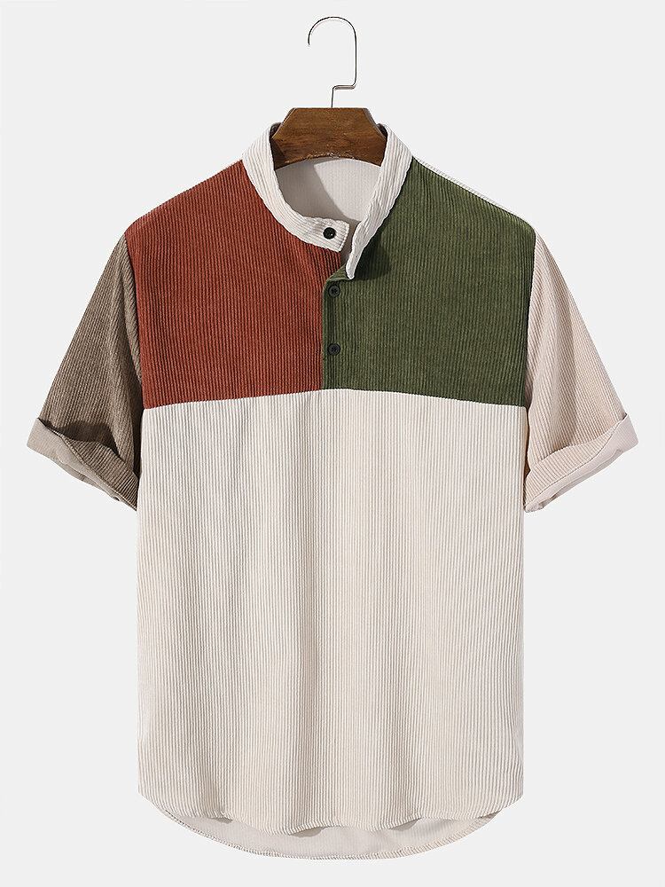 Herre Corduroy Color Block Splejs Henley Skjorter