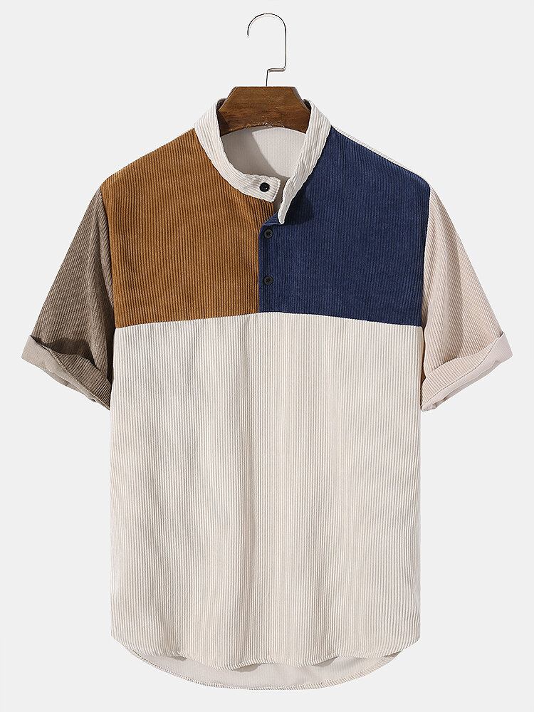 Herre Corduroy Color Block Splejs Henley Skjorter