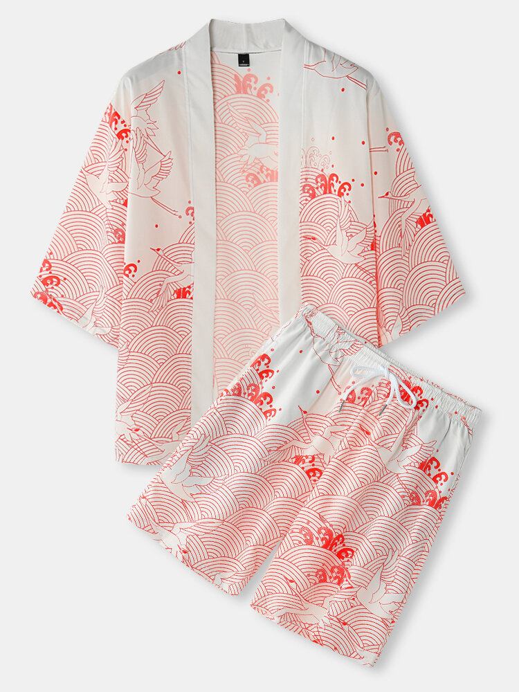 Herre Kimono Crane Propitious Clouds Pattern Snøre To Stykke Outfits