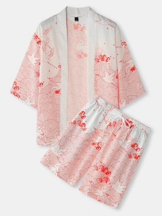 Herre Kimono Crane Propitious Clouds Pattern Snøre To Stykke Outfits