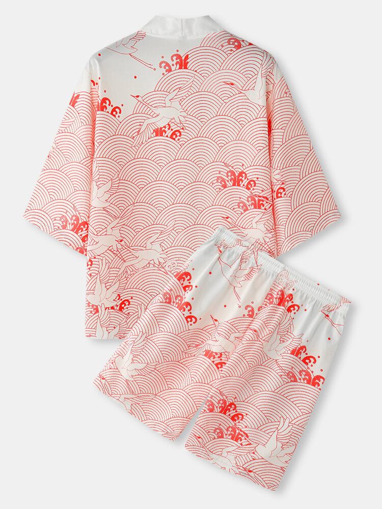 Herre Kimono Crane Propitious Clouds Pattern Snøre To Stykke Outfits