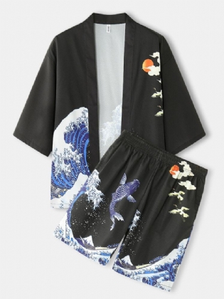 Herre Kimono Waves Kasketmønster Japansk Elastisk Talje I To Dele