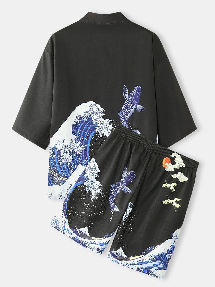 Herre Kimono Waves Kasketmønster Japansk Elastisk Talje I To Dele