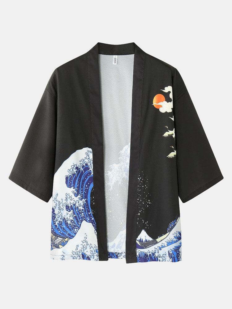 Herre Kimono Waves Kasketmønster Japansk Elastisk Talje I To Dele