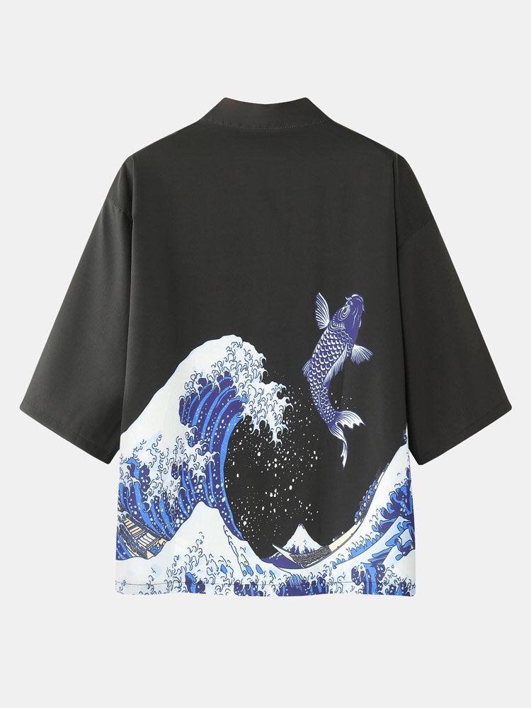 Herre Kimono Waves Kasketmønster Japansk Elastisk Talje I To Dele