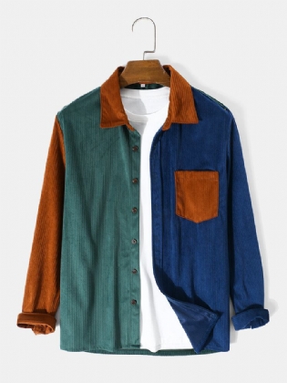 Herre Patchwork Color Block Pocket Corduroy Skjorte