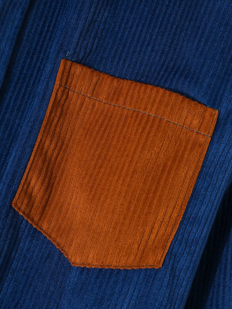 Herre Patchwork Color Block Pocket Corduroy Skjorte