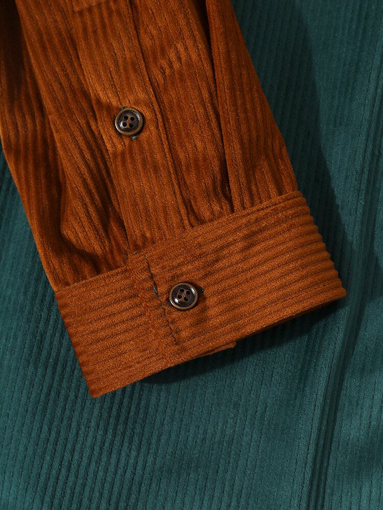 Herre Patchwork Color Block Pocket Corduroy Skjorte