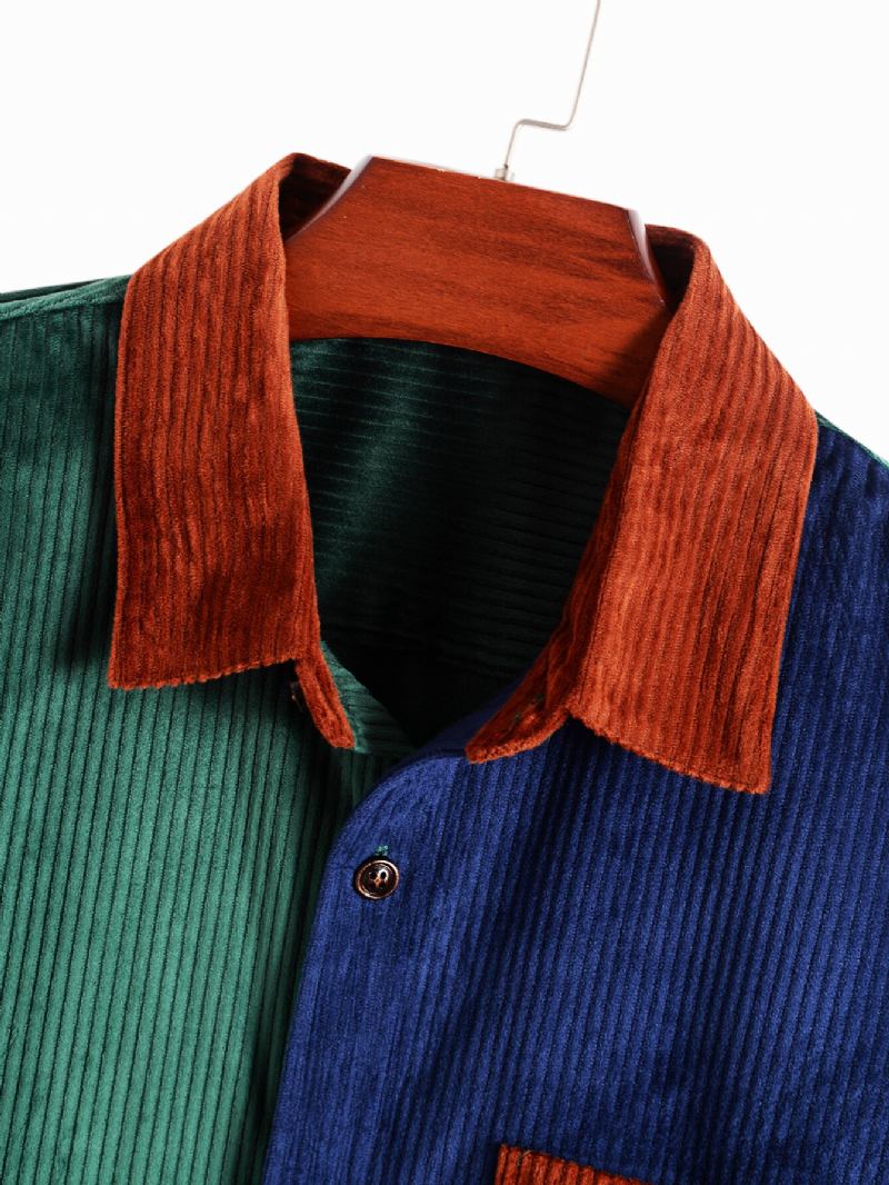 Herre Patchwork Color Block Pocket Corduroy Skjorte