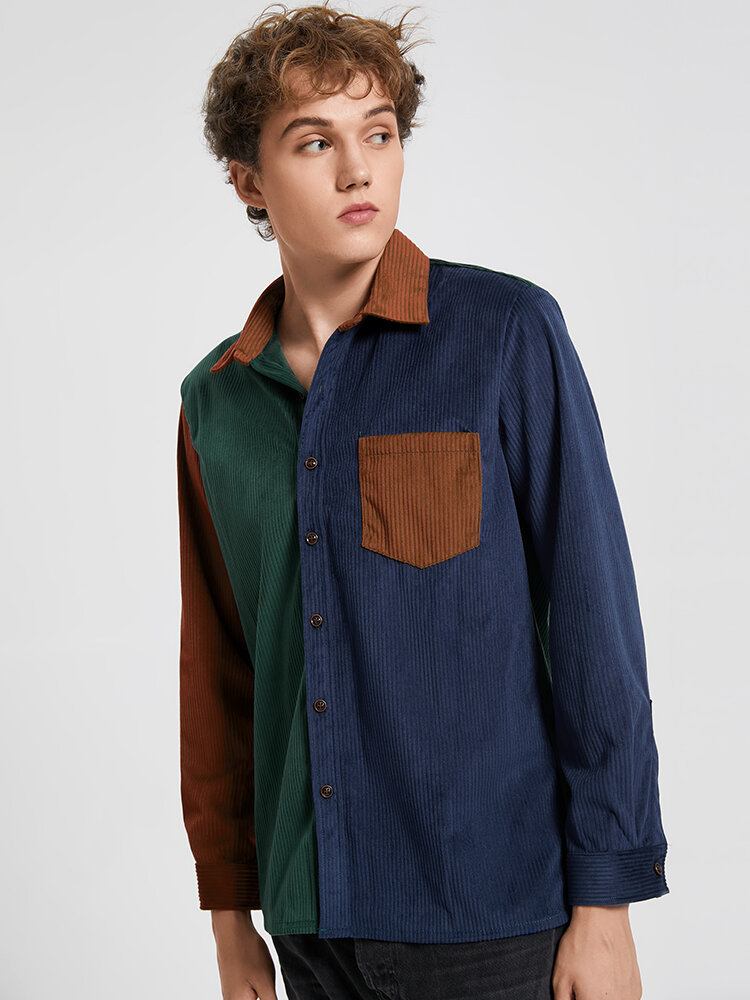 Herre Patchwork Color Block Pocket Corduroy Skjorte