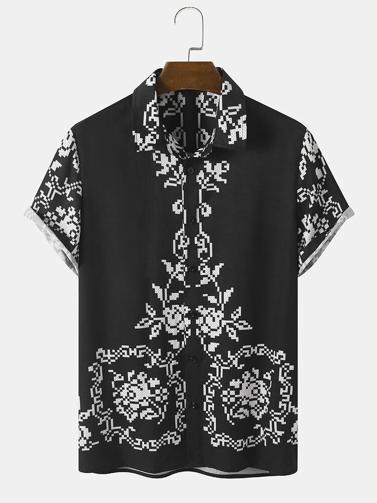 Herre Pixel Flower Print Lapel Vacation Kortærmede Skjorter