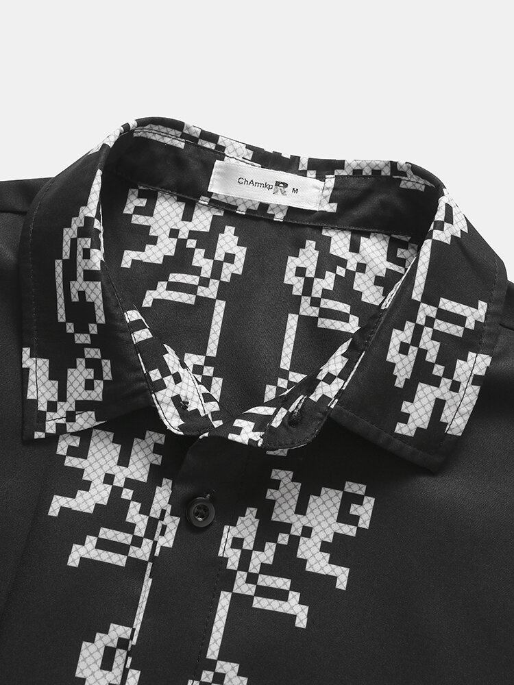 Herre Pixel Flower Print Lapel Vacation Kortærmede Skjorter