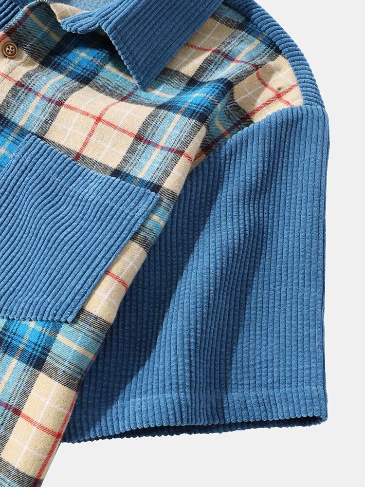 Herre Plaid Fløjlsbukser Patchwork Brystlomme Preppy Kortærmede Skjorter