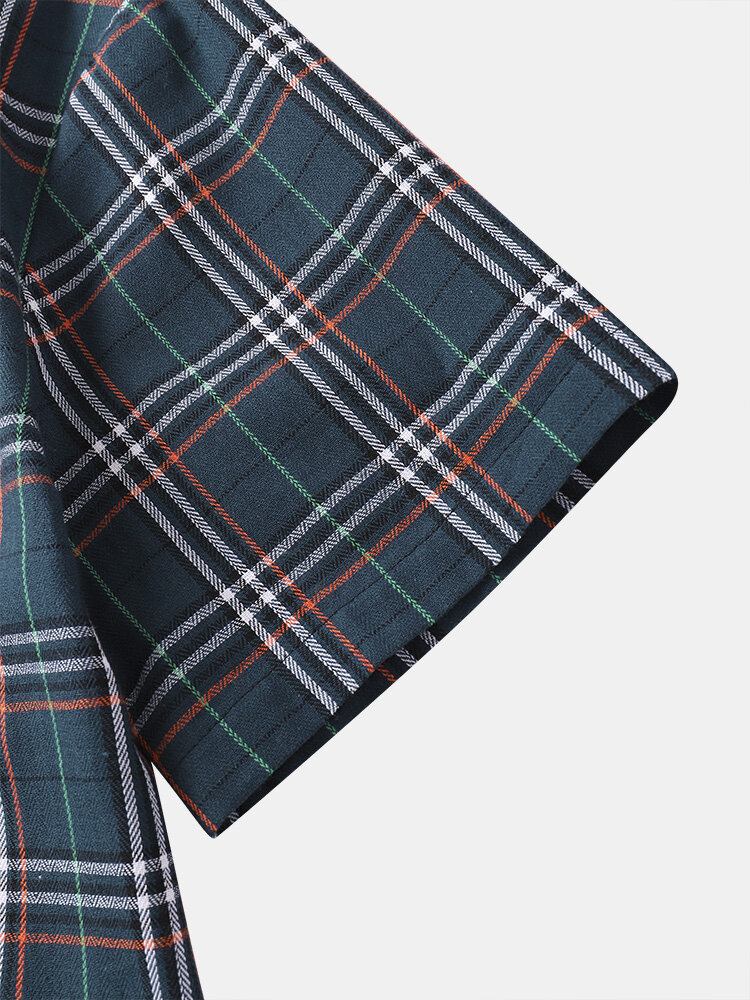 Herre Plaid Kontrastkrave Preppy Bomuldsskjorter Med Korte Ærmer