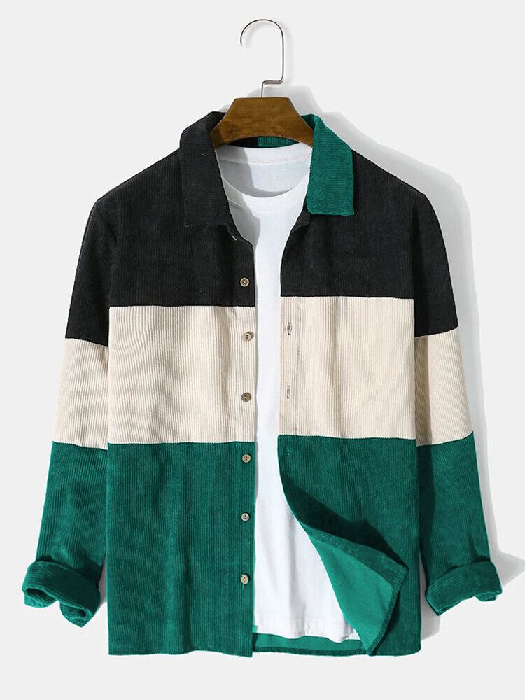 Herre Splejsning Fløjlsbukser Color Block Button Casual Skjorte