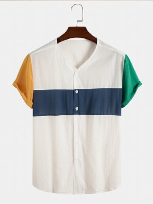 Herre V-hals Bomuld Color Block Casual Skjorter