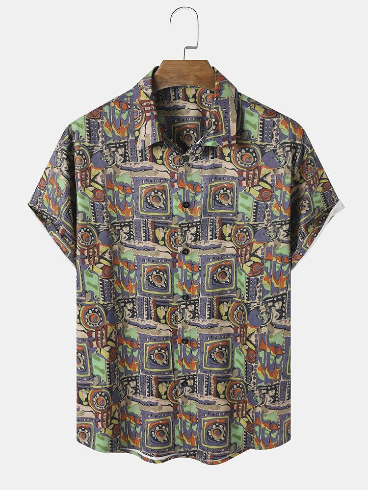 Herre Vintage Geometrisk Mønster Button Up Korte Ærmer Skjorter