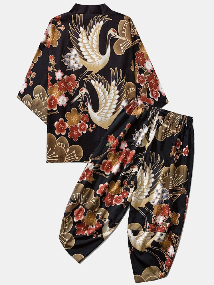 Japansk Kimono Crane Flower Print Open Front Pants Co-ords